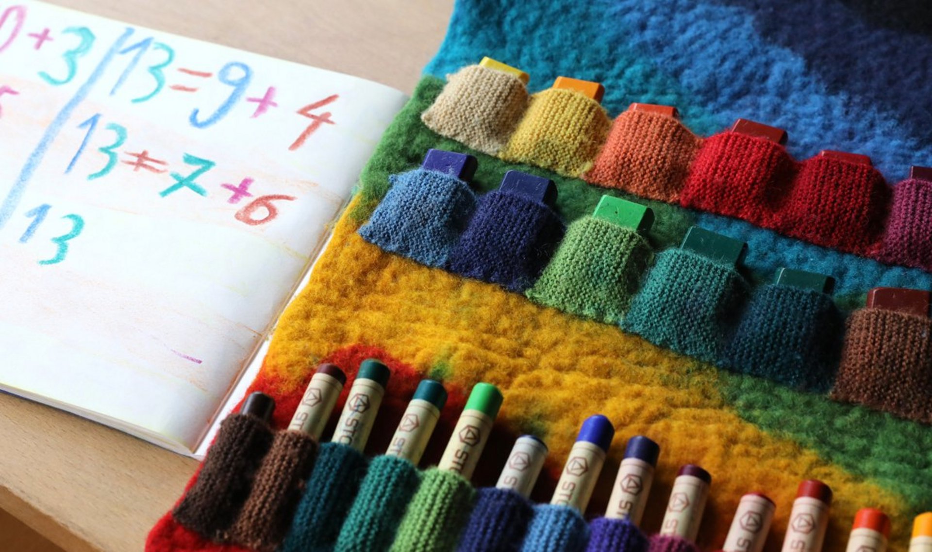 In einem bunten Filzkasten sind Buntstifte und Blöcke aufgereiht. Daneben liegt ein aufgeschlagenes Notizbuch mit handgeschriebenen mathematischen Gleichungen in roter und blauer Kreide. Die Szene steht auf einer Holzfläche.